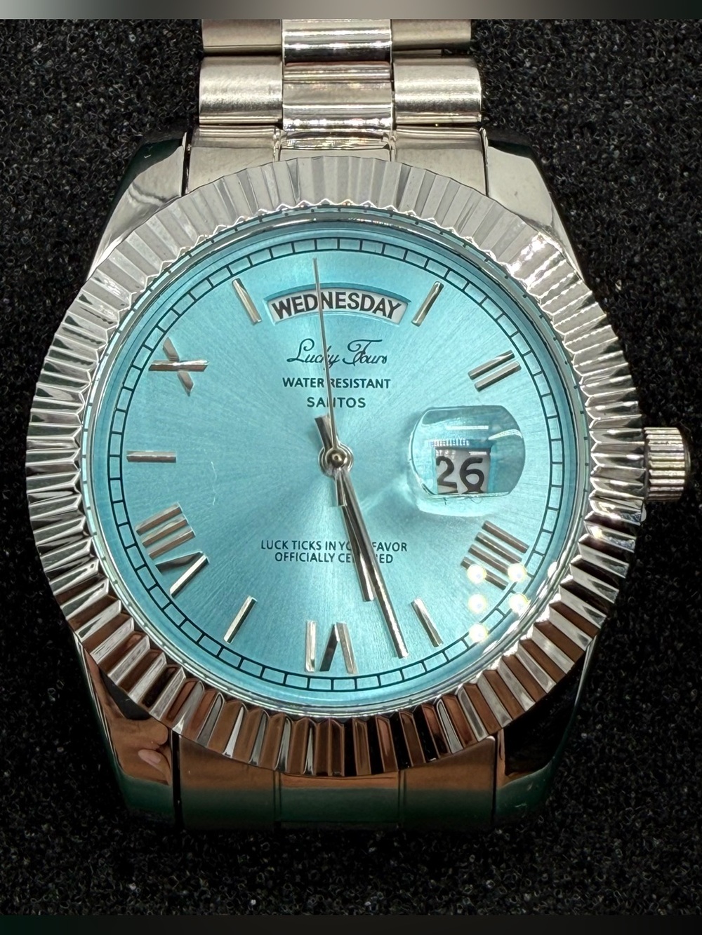 Lucky Fours Santos Aqua Blue 40mm Silver Stainless Steel Day Date Watch